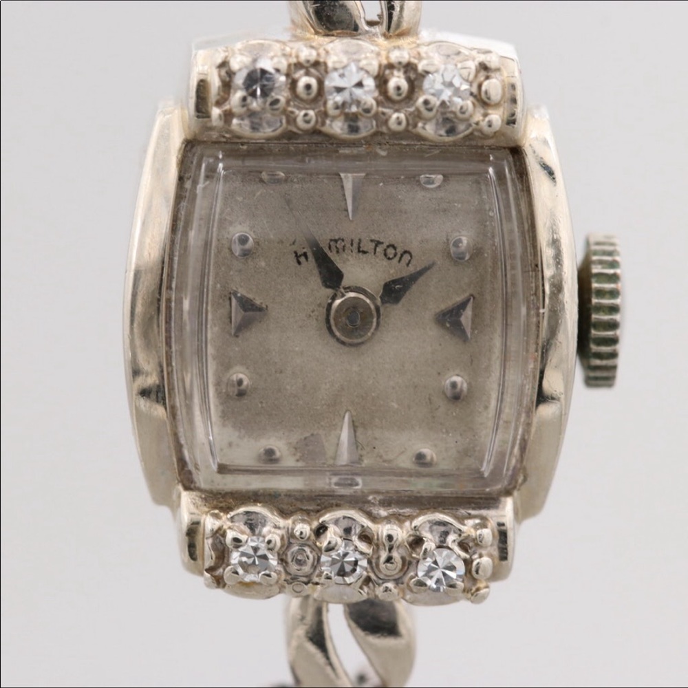 *Vintage 14K Hamilton Diamond & Emerald Watch with jewel-studded 14K watchband - Picture 2 of 10